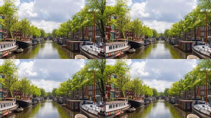 阿姆斯特丹有船只和船屋的运河风景如画