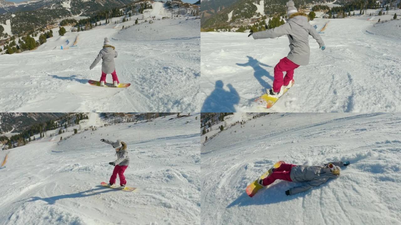 年轻女性学习骑滑雪板并在下雪的滑雪场上转弯