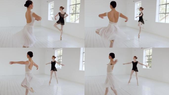 舞蹈，艺术和芭蕾舞由妇女在工作室与美女跳舞，360和在舞蹈工作室。芭蕾舞演员，创意和表演女孩训练运动