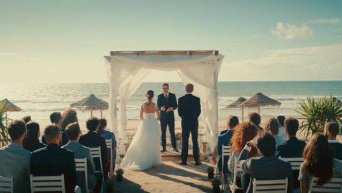 美丽的新娘和新郎在海边的海滩上举行户外婚礼。为恋爱中的浪漫夫妇和多民族不同文化的最好的朋友提供完美的