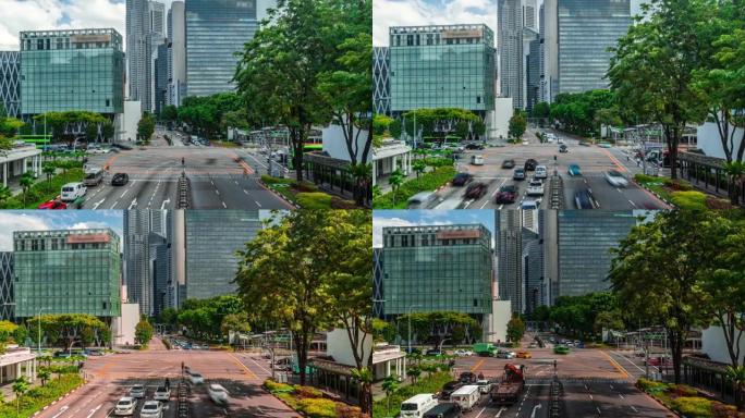 新加坡城市景观延时放大繁忙的交通交叉路口