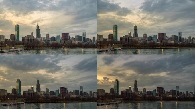 4K UHD延时: 芝加哥城市景观办公室天际线摩天大楼，高速公路沿密歇根湖，格兰特公园在黄昏日落，美