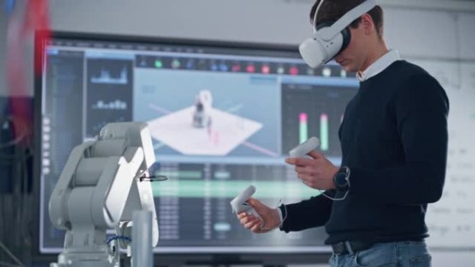 机械工程师学生戴着虚拟现实耳机和手持控制器，使用VR技术进行工业设计，开发，机器人原型制作。高科技概