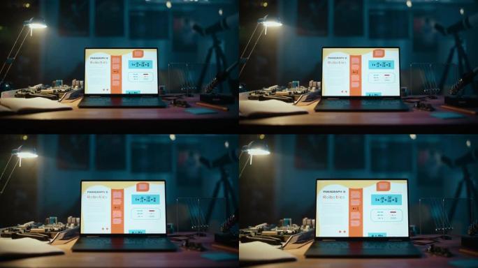 笔记本电脑站在桌子上，屏幕上有一个关于机器人技术的科学家庭作业学校项目。舒适的空房间，桌子上有灯，电