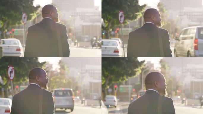 黑人商人经理走在城市街道上，一边思考户外目标的成功、愿景和动机。公司首席执行官老板的旅行，通勤和梦想