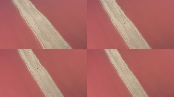 自上而下: 无人机拍摄的一名妇女探索尤卡坦半岛充满活力的粉红盐农场。