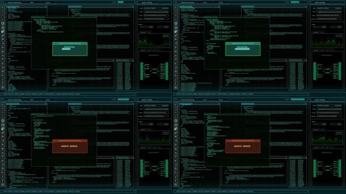软件后端模型与软件加载屏幕动画。具有多个窗口的暗项目监控界面。计算机显示器和笔记本电脑屏幕的模板。