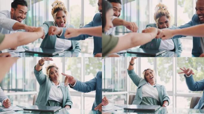 成功的拳头，击掌或商人挤在一起，以寻求公司发展，合伙交易或喜剧手势。庆祝，欢呼或目标目标的多样性，动