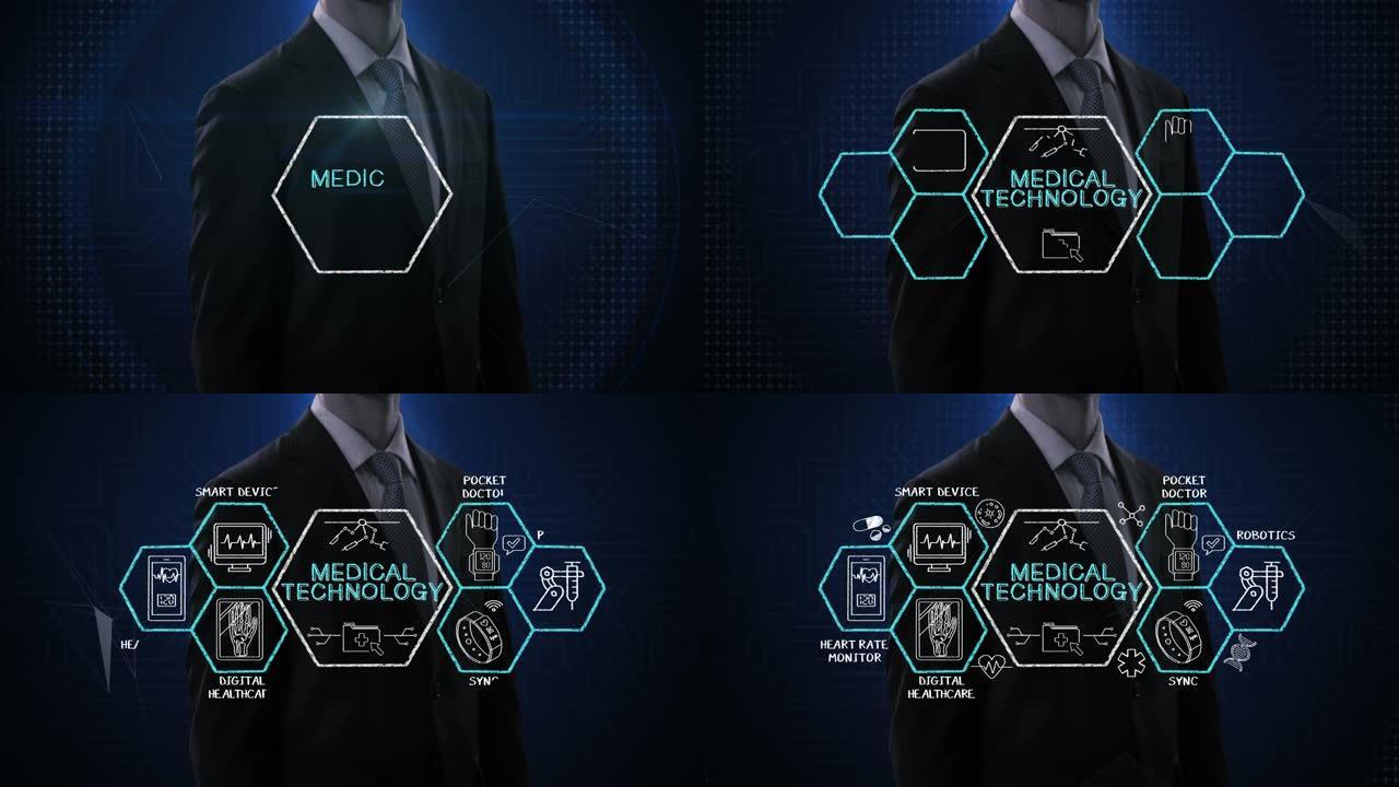 商人在六角形，4k动画中触摸 “医疗技术” 和各种未来医疗技术图标。