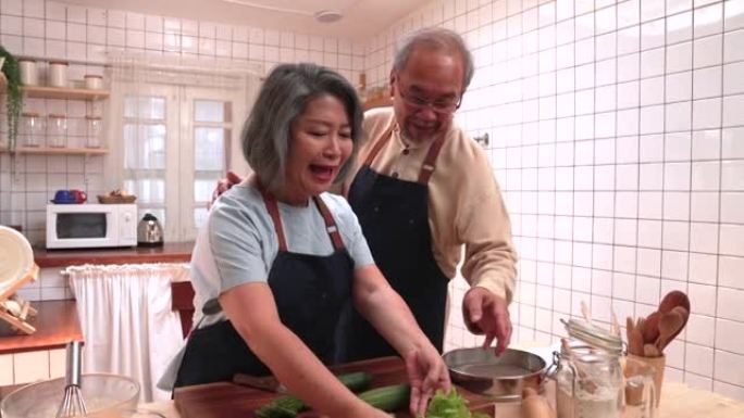 老年夫妇在厨房做饭时愉快地聊天。它代表了他们俩持久的爱。退休时的幸福