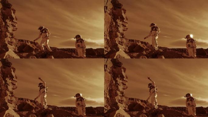 宇航员在火星上攀岩并移开目光