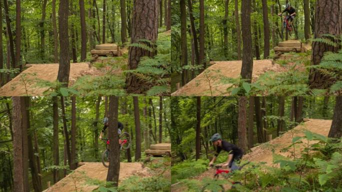 山地自行车手下坡加速，在泥泞的小径上跳跃，表演特技称为自行车鞭，背景为绿色森林