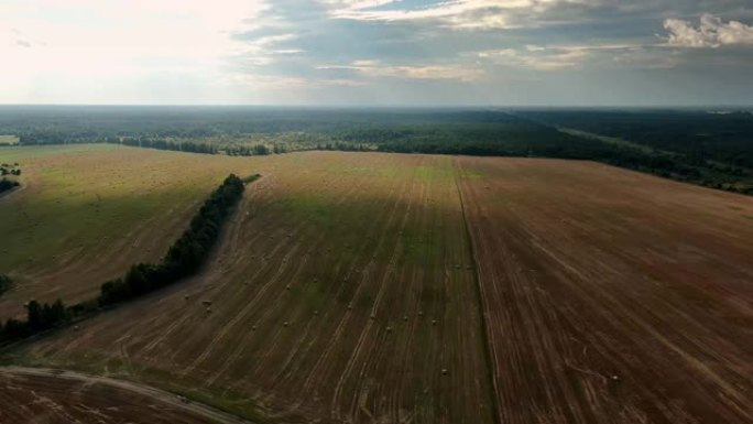 日落时农田干草堆的航拍视频。收获季节