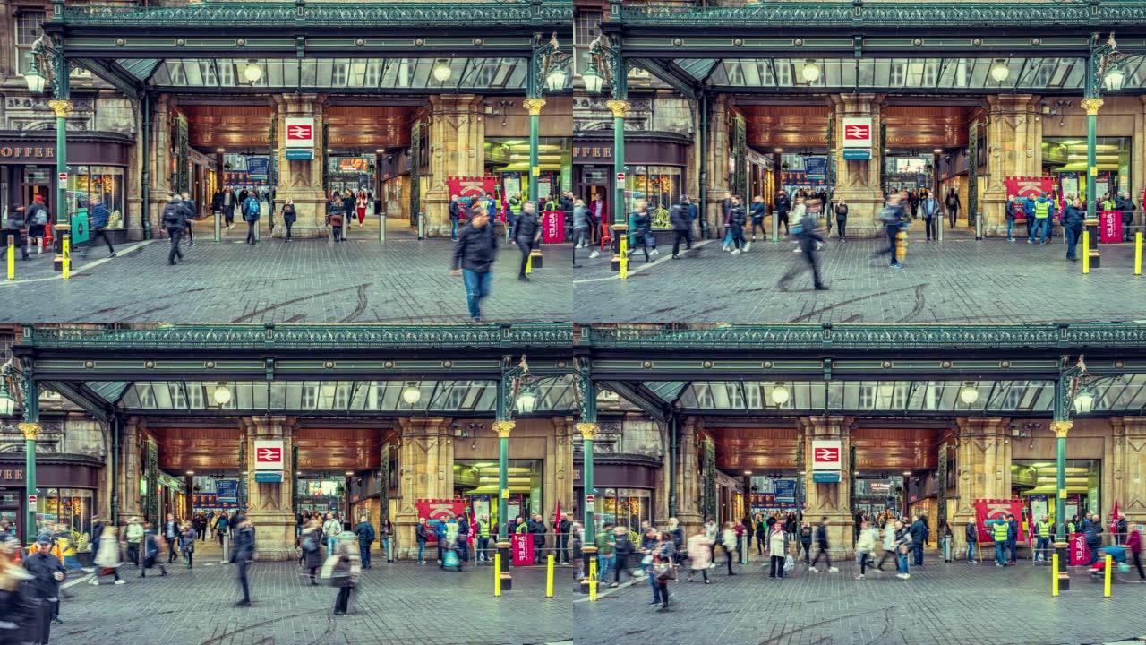 格拉斯哥市中心区格拉斯哥中央车站拥挤的通勤者的时间流逝