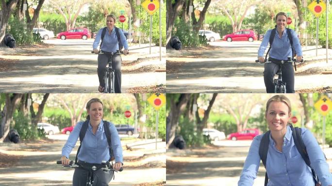 女人在街上骑车上班的慢动作顺序