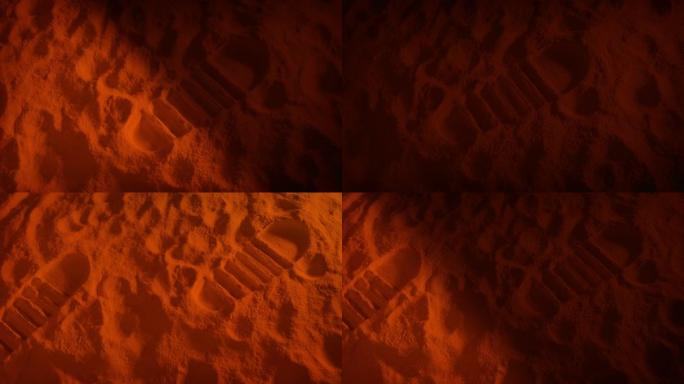 太空飞船的阴影在火星上的宇航员的足迹上移动