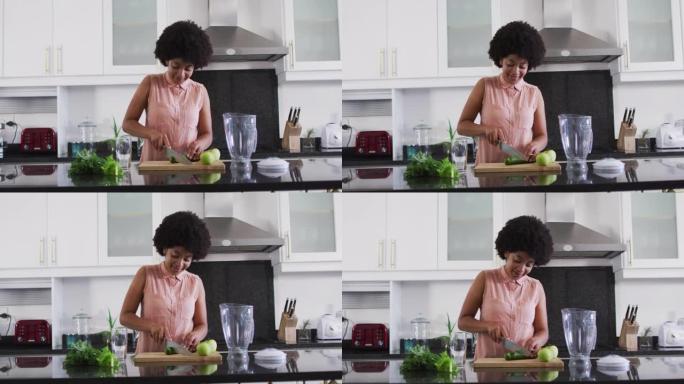 非裔美国妇女在家中厨房切蔬菜