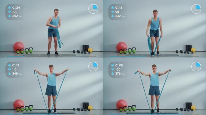 年轻的运动私人教练在线健身课程视频，用橡皮筋解释核心强化锻炼程序。适合初学者练习的人。UX交互式图形