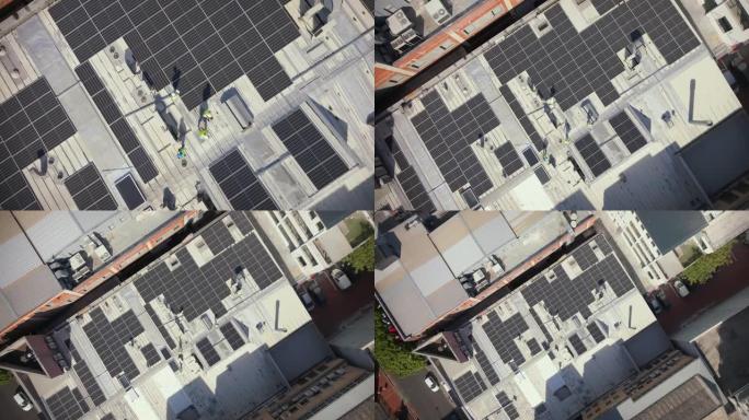太阳能，无人机和用于屋顶建筑，建筑或可再生能源的工程。鸟瞰图，太阳能电池板和从事项目管理，城市物流和