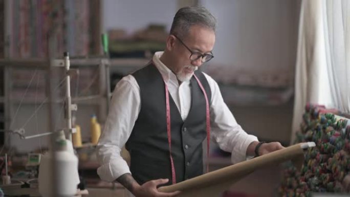 工作室亚洲中国成熟男子裁缝脸茬检查他的面料服装工作室