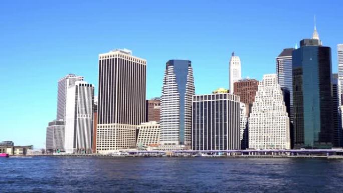 4k平移镜头: 美国纽约曼哈顿下城天际线摩天大楼。