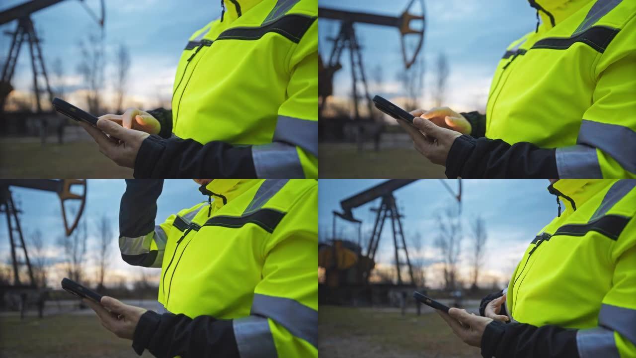 女石油工人正在用智能手机查看抽油机的运行数据