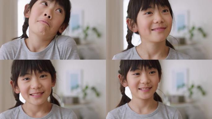 快乐的亚洲小女孩微笑嬉戏做鬼脸享受乐趣积极的童年4k镜头的肖像