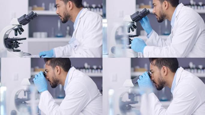 技术人员，研究和科学家，用显微镜进行科学，分子分析和生物技术。创新、医学和亚洲医生在医疗分析和医疗保