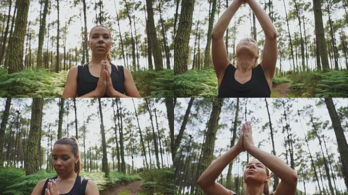女运动员在绿色森林中冥想和锻炼瑜伽