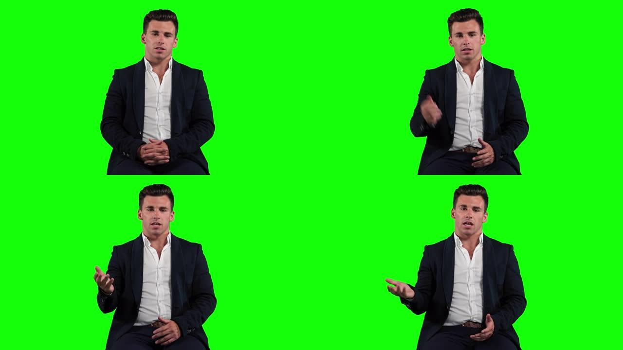 穿着西装的白人男子在绿色背景下说话的动画