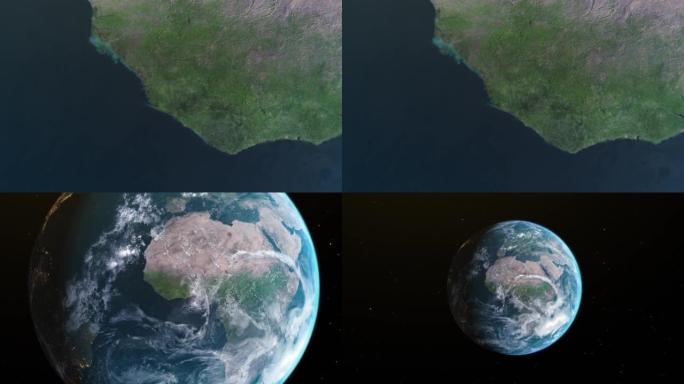 塞拉利昂地图，通过4K照片真实动画地球仪放大到太空，包括非洲、西亚和欧洲的全景。史诗旋转世界动画，现