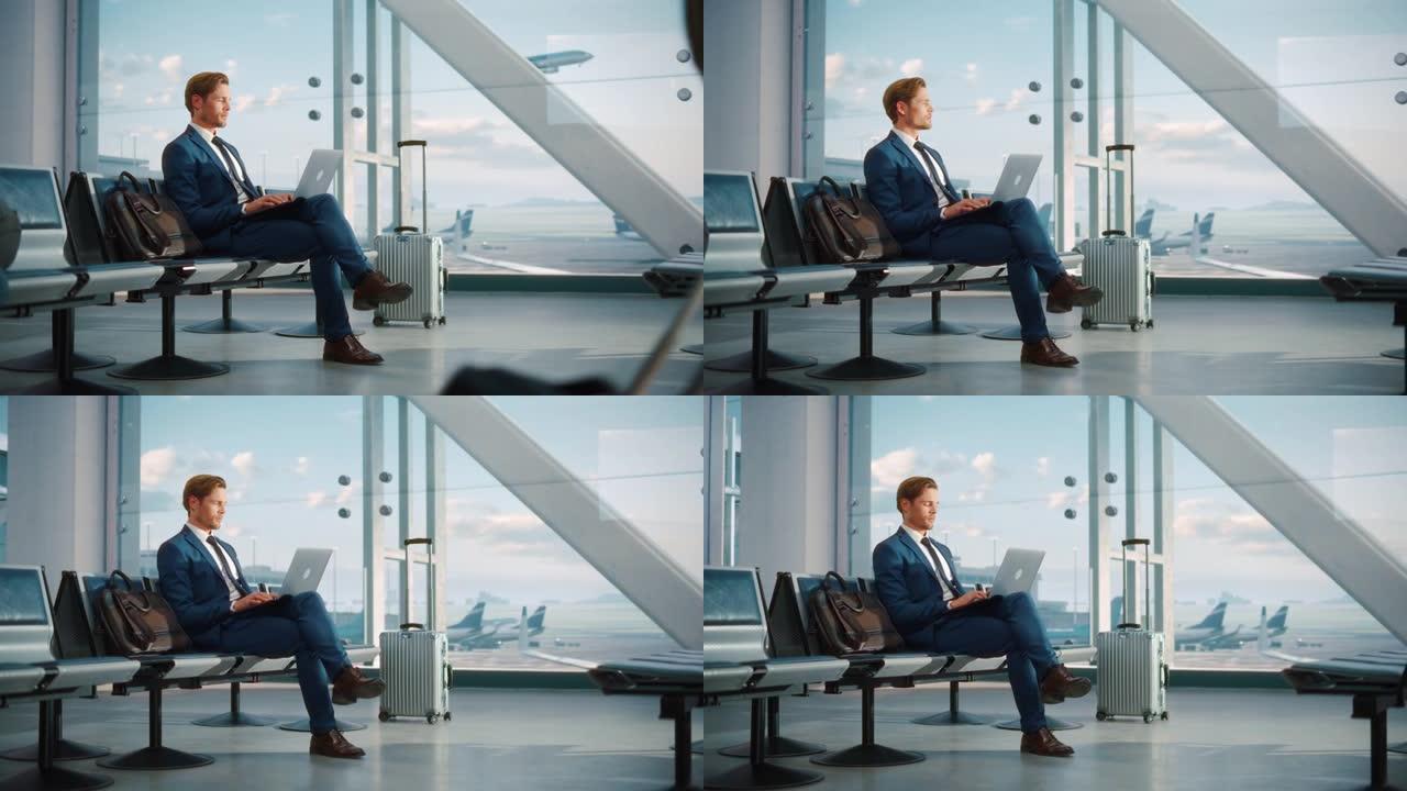 机场航站楼: 商人使用笔记本电脑，等待他的航班。在线工作的旅行企业家坐在航空枢纽的登机休息室，飞机抵