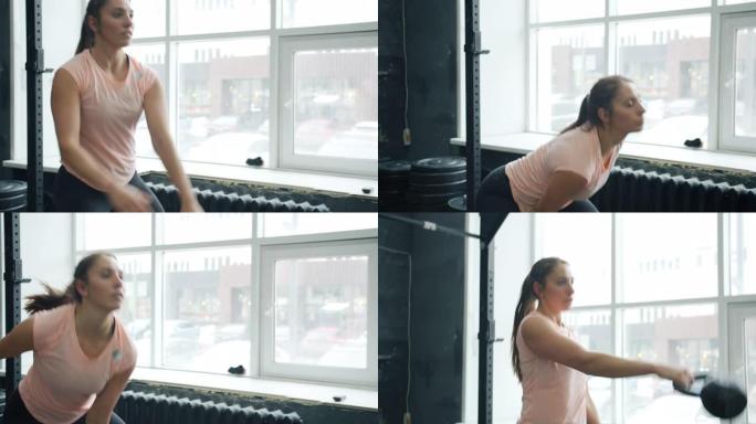 穿着运动服蹲着重金属哑铃在健身房锻炼的年轻女士的肖像