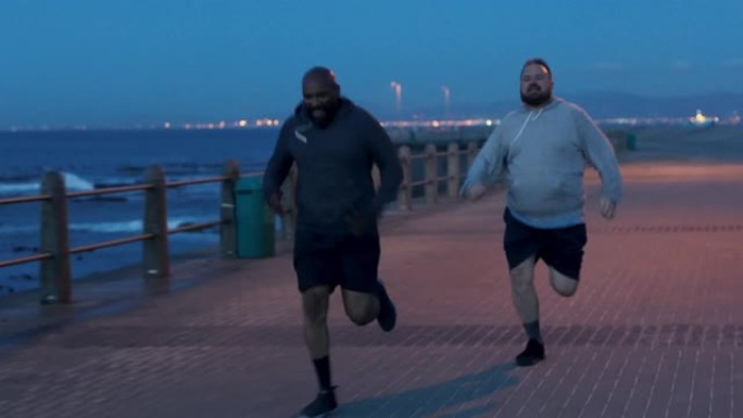 肥胖健身，海洋和男性跑步减肥目标，健康饮食或有氧马拉松比赛的户外训练。快速运动，多样性或快速肥胖的人