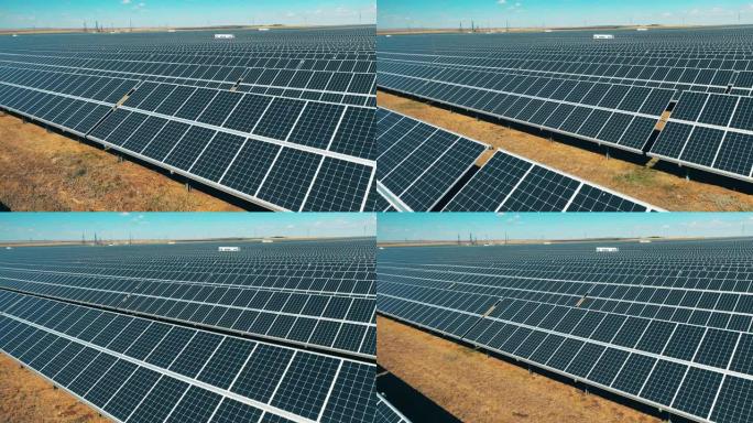 一排排安装在野外的太阳能电池板。太阳能电池，可再生能源生产。