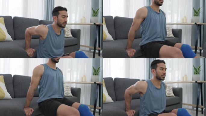 健身，浸入和沙发的男人在家里锻炼身体，以在客厅健康。活跃的男性在物理疗法中进行力量和有氧运动的动力训