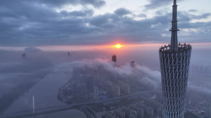 航拍广州cbd日出天际线平流雾