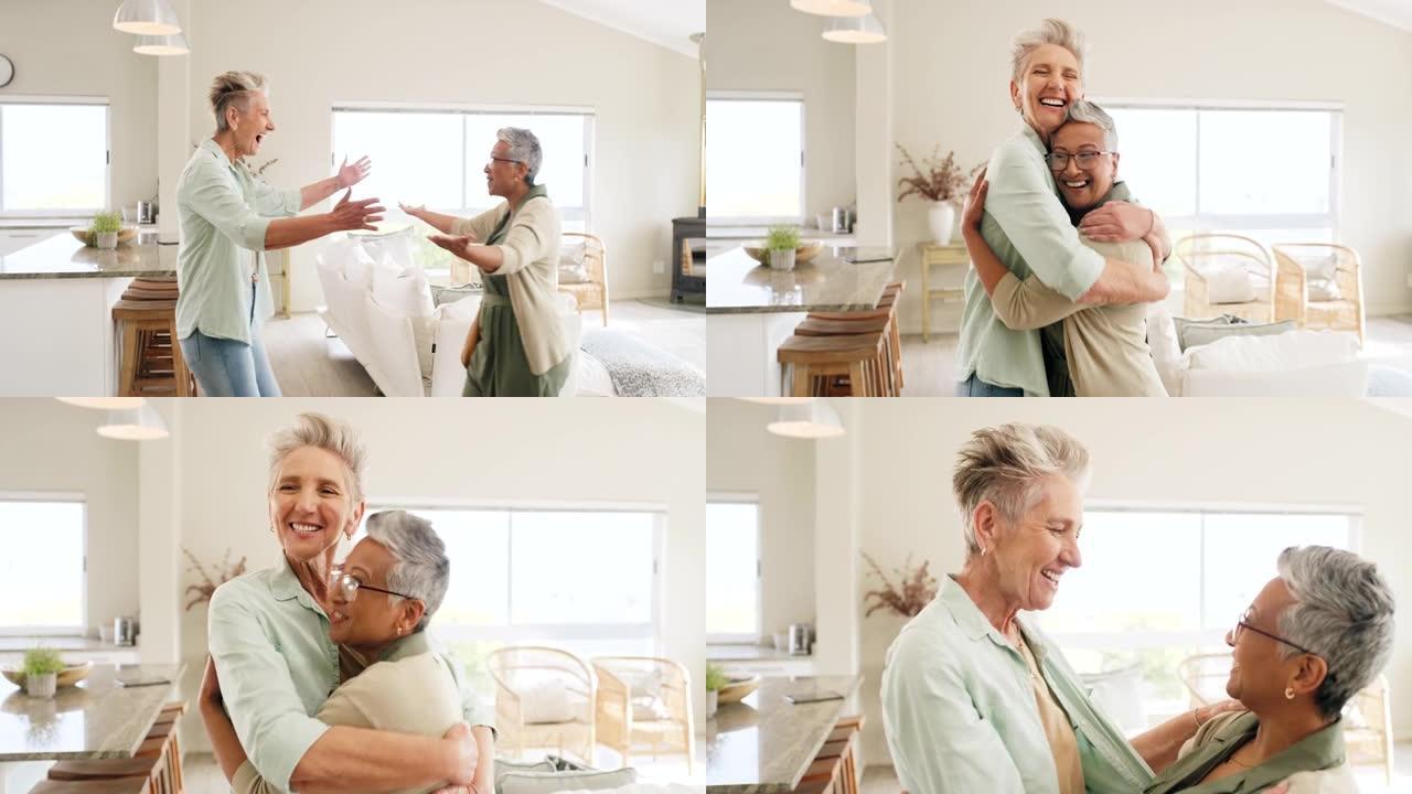 兴奋，拜访和与资深朋友拥抱在退休之家的女人充满爱或感情。友谊，幸福和拥抱与成熟的女性和朋友在房子的客