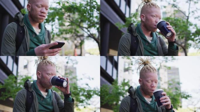体贴的白化病非裔美国人，留着长发，喝咖啡，使用智能手机