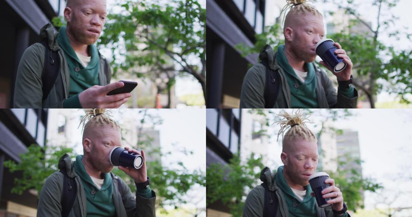 体贴的白化病非裔美国人，留着长发，喝咖啡，使用智能手机