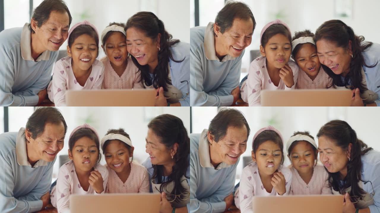 有趣，愚蠢和顽皮的家庭自拍照与祖父母，孙子和小女孩在平板电脑上。亚洲儿童，姐妹和兄弟姐妹玩得开心，闲