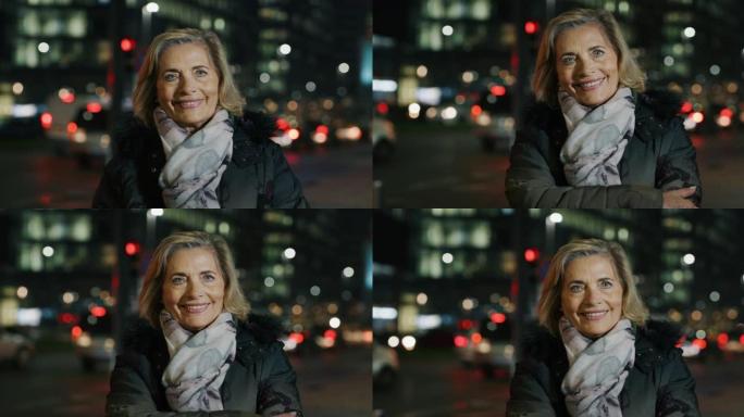 在繁忙的市中心，一位迷人的高级女性在镜头前微笑着，夜晚交通繁忙。以8K拍摄。人的概念，联系，生活方式