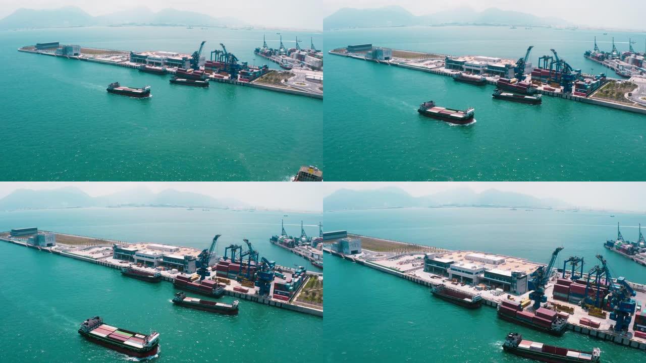 货船码头，货船码头的卸货起重机，带有集装箱和集装箱船的工业港口