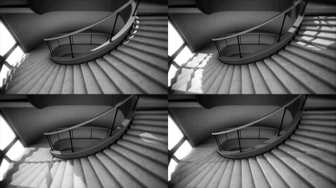 螺旋楼梯，我们进入无限。简单的形状，明亮的内部完美的移动背景。