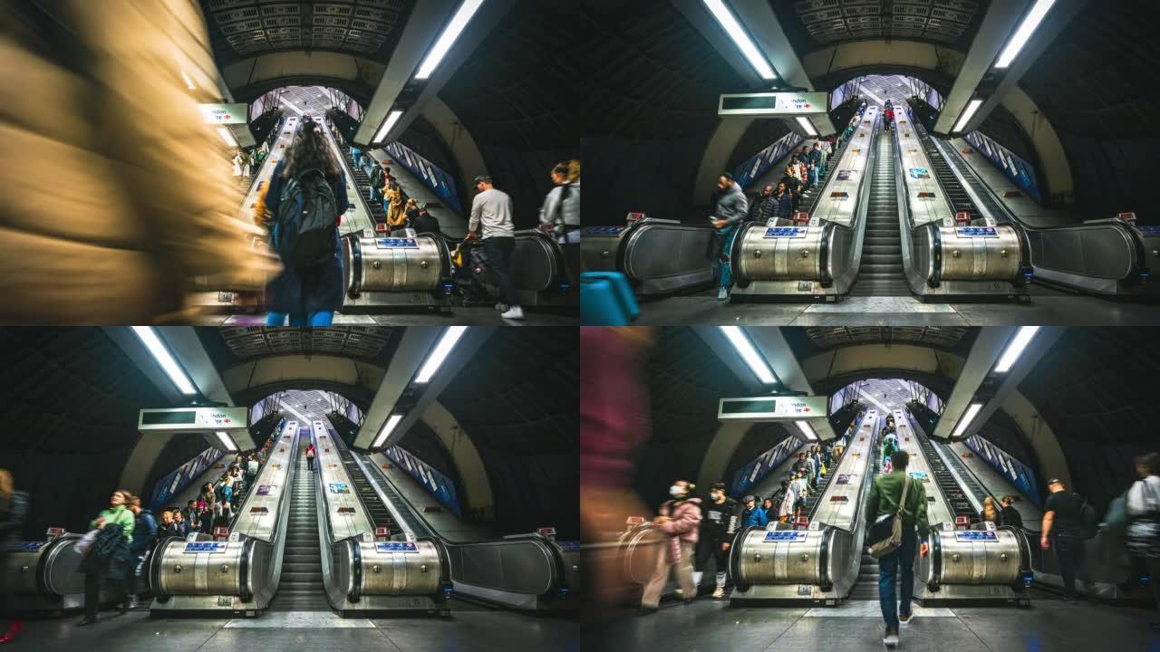 拥挤的通勤者使用自动扶梯在伦敦地铁或地铁旅行的时间流逝