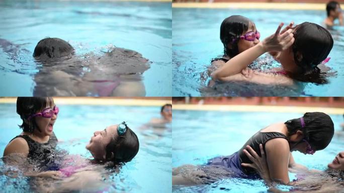 亚洲华人母女在周末假期娱乐时间享受游泳池的住宿