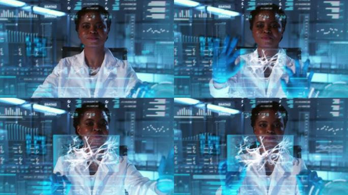 现代医学实验室。一位非裔美国医生在透明液晶显示器上研究数据。未来医学的概念。