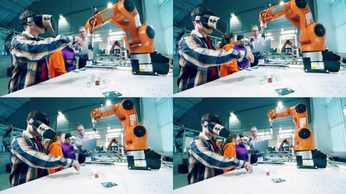 现代学校实验室在虚拟现实中操作机器人的儿童