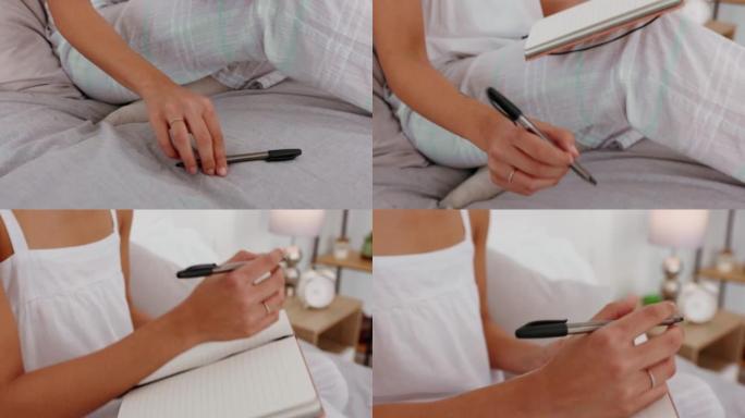 手，书和女人在床上写作，在卧室里进行创意，头脑风暴和想法思维导图特写。女士作家的计划，手和日记关于想