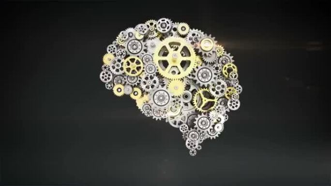 钢金色齿轮使人脑成形。人类人工智能。4k动画。